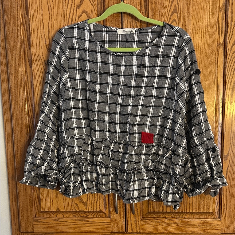 Moonlight Black and White Plaid Ruffle Blouse